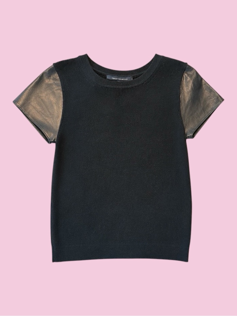 French Connection Black Knit Tee with Faux Leather Short Sleeves Size S NWOT